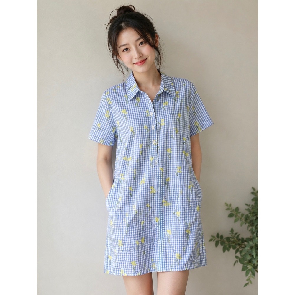 Ann Mashburn Women's Small Blue Gingham Floral Popover Shirt Dress Pockets Swish - Picture 12 of 14
